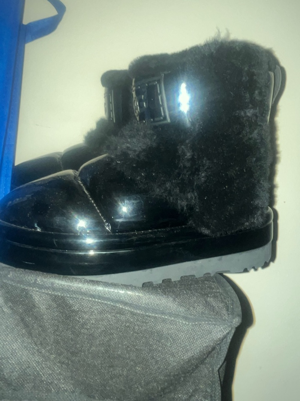 Black Patent Faux Fur Quilted Ankle Boots